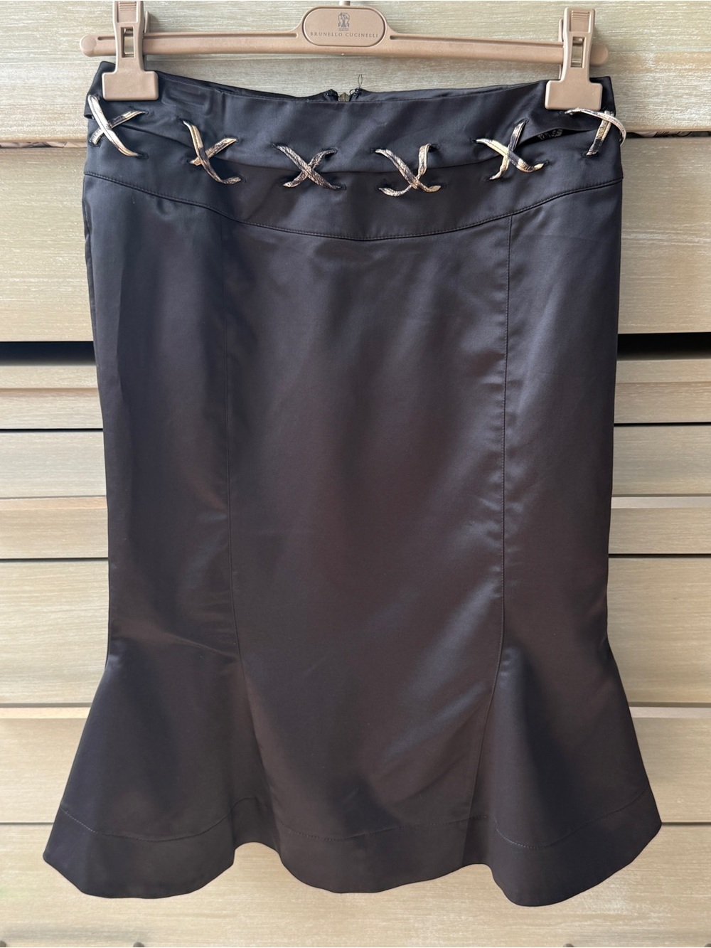 Just Cavalli Black Satin Mermaid Hem Skirt with Leopard X-Detail